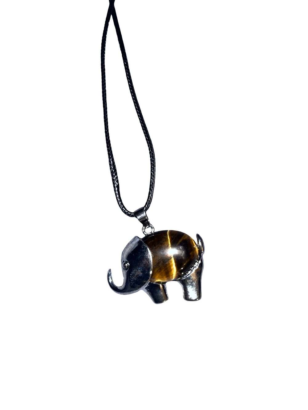 Natural Tigers Eye Crystal Elephant Pendant Necklace on Black Cord